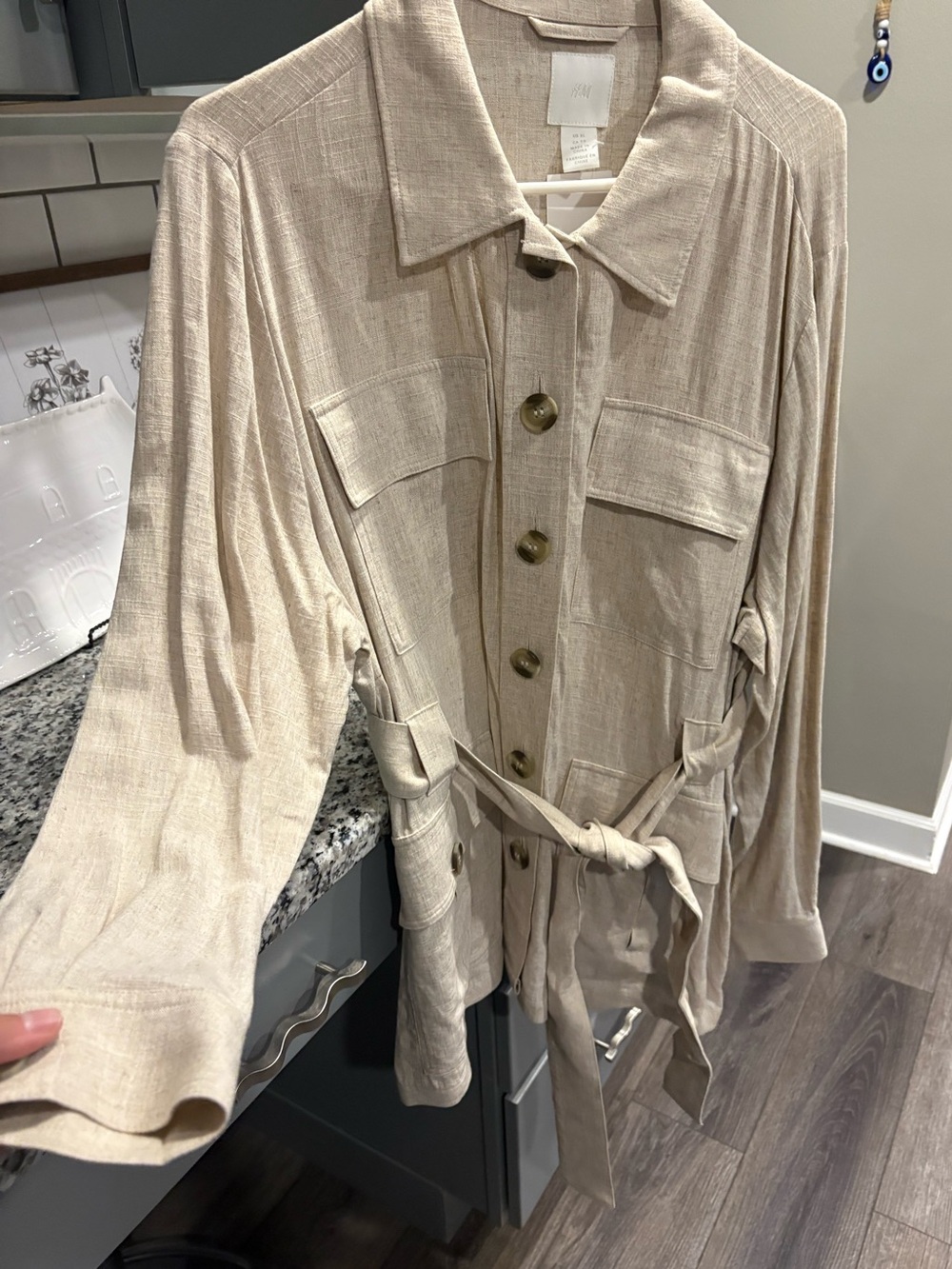 Light Beige Linen Blend Utility Shirt Jacket with Belt